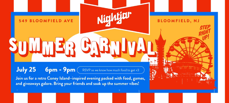 Colorful retro-style flyer for Nightjar Summer Carnival in Bloomfield, NJ on July 25 from 6–9 pm, featuring food, games, giveaways, and carnival rides