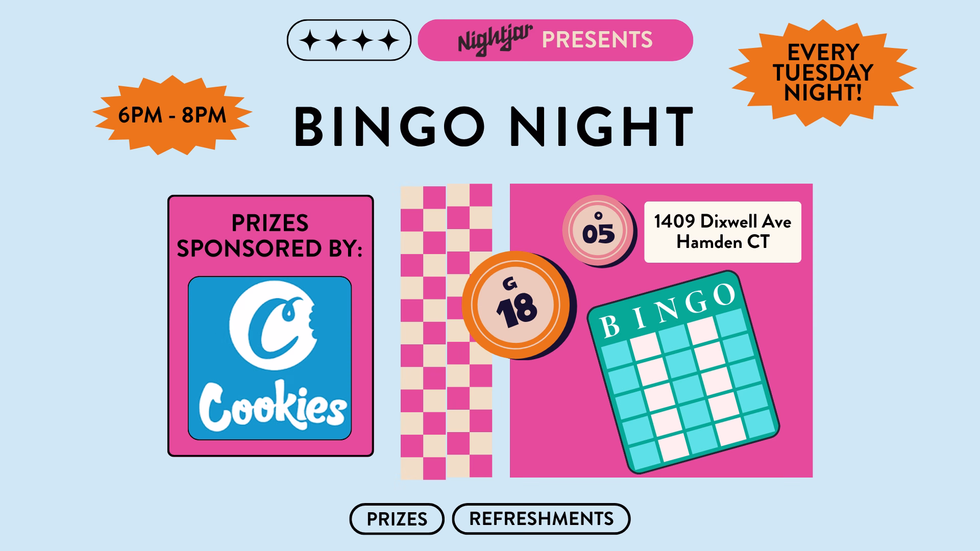 Weekly Bingo Night at Nightjar Cannabis Hamden, Cookies sponsored edition